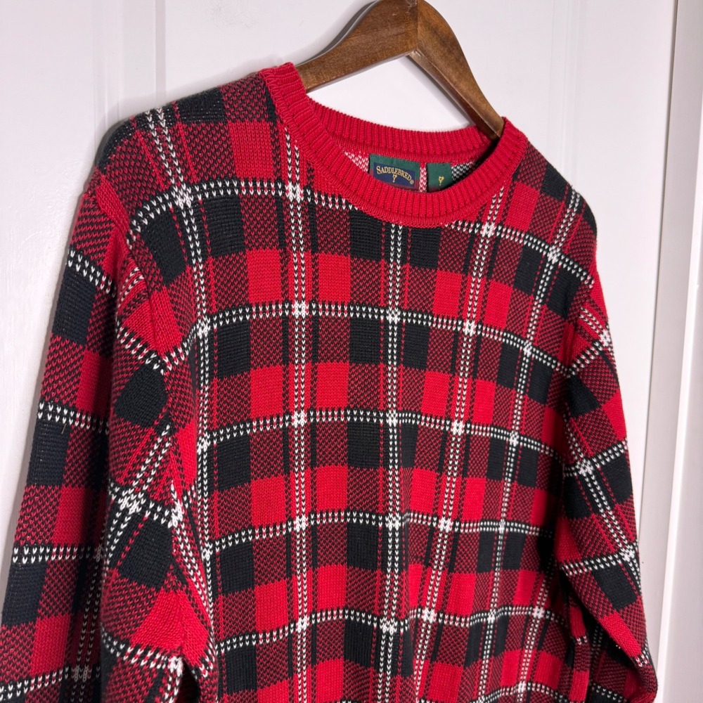 Vintage Saddlebred Men's Plaid Crew Neck Sweater Red Black White Size L